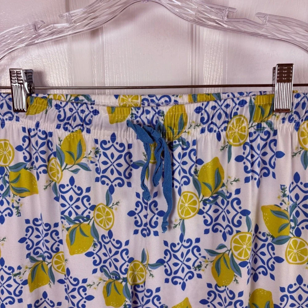 Hello Mello Lazy Daisy Lounge Pants S/M White Blue Lemon Print Soft Cozy Pajamas